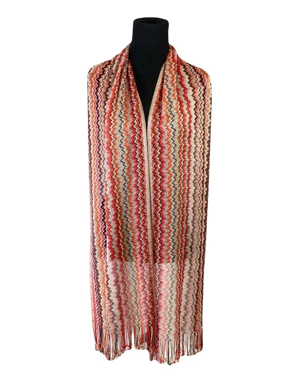 MISSONI Scarf 12.5”x76”ITALY Chevron ZigZag Silver-Lyrics Fringe Knit Multicolor